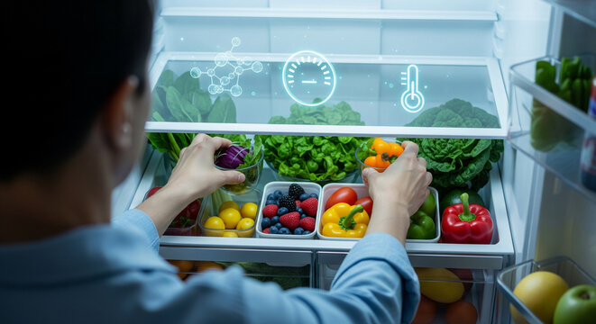 Person organizing fresh vegetables and berries inside a modern refrigerator, with holographic icons displaying temperature, freshness indicators, and molecular structures for food preservation