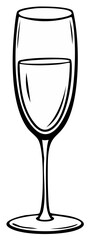Elegant drink glassware drawing with liquid in a tall flute with stem presented in black line art over white background