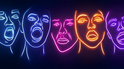 Multiple stylized human faces display intense expressions outlined in vibrant neon light against a dark backdrop