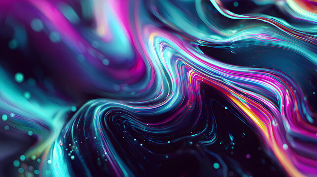 Abstract swirling waves of vibrant neon colors, glowing particles and fluid motion, futuristic digital art background
