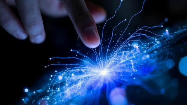 Index finger reaches into a bright plasma‑like burst on glass, symbolizing human contact with next‑gen power, clean energy metaphors, and the magic of touch‑driven technology.
