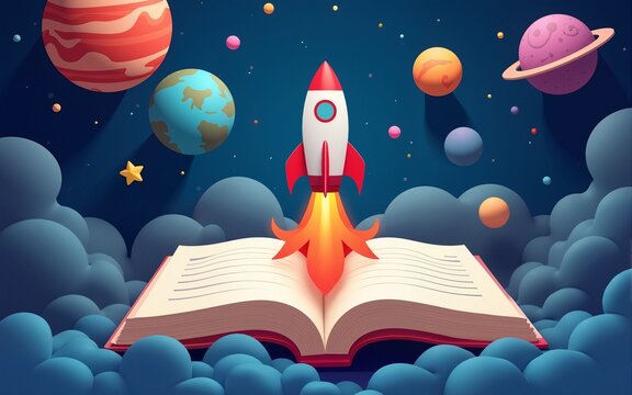 Abstract open book with space background, style of paper cut, fantasy world and universe concept with planets in the sky and rocket flying to planet. High quality