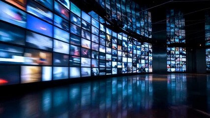 Endless corridor of glowing screens and media walls creates a futuristic archive, symbolizing big data, algorithmic curation, and the overwhelming abundance of connected content. - Powered by Adobe
