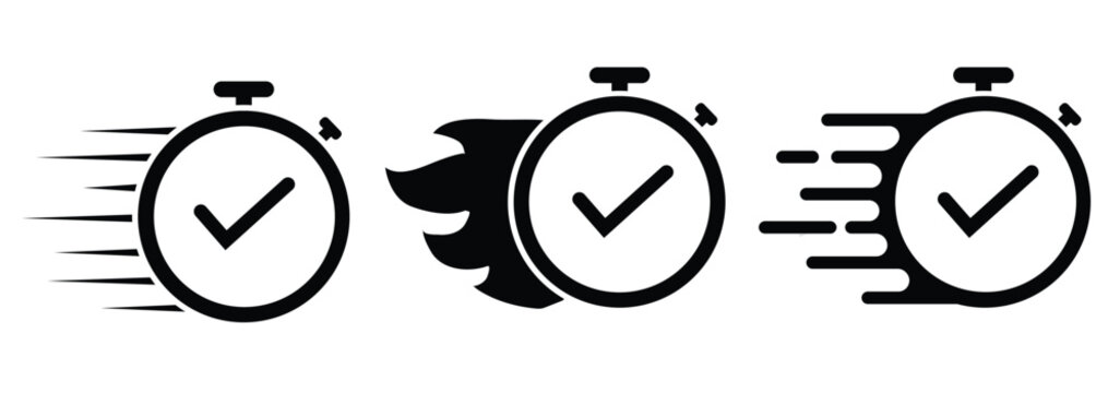 A fast time logo featuring a stopwatch, representing a speed concept for quick delivery, express, and urgent services. This vector line icon illustrates deadlines and delays