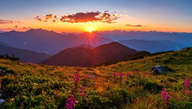 A majestic sunset casting rays over mountain peaks, wildflowers in foreground - Powered by Adobe