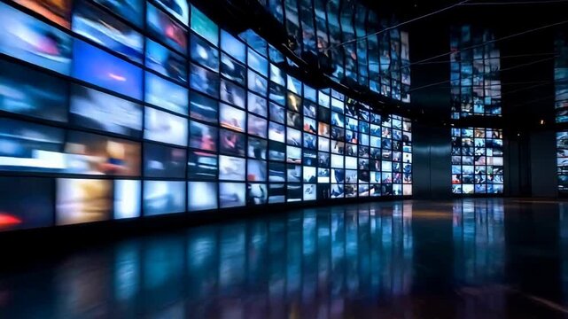 Endless corridor of glowing screens and media walls creates a futuristic archive, symbolizing big data, algorithmic curation, and the overwhelming abundance of connected content.