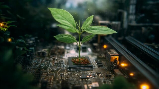 Tiny seedling emerges from a microchip in shallow depth of field, a poetic metaphor for green computing, low‑power design, and sustainable growth inside modern electronics.