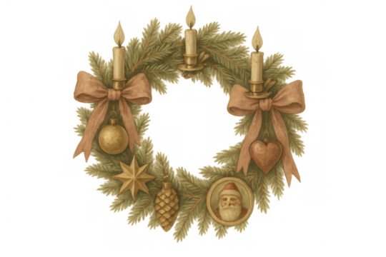 Christmas wreath with golden ornaments, burning candles, bows, santa claus portrait, heart, star. Vintage hand-painted watercolor style