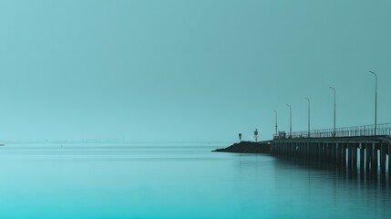 Long exposure photograph captures a pier stretching into calm, monochromatic teal water under an overcast sky
