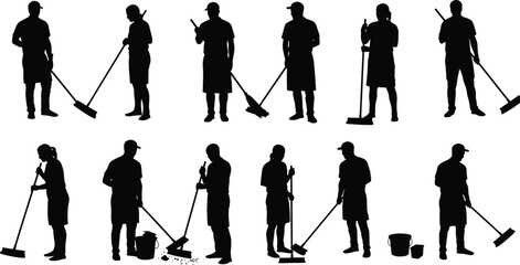 Obraz premium Cleaning worker silhouettes sweeping, mopping, and collecting trash, janitor vector design, hygiene maintenance illustration, sanitation concept, occupational duties artwork