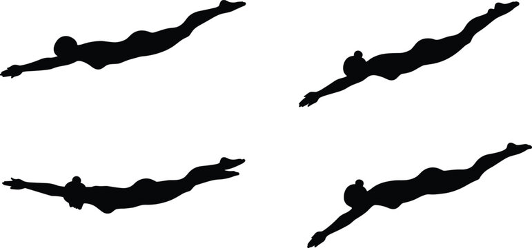 Diving athlete silhouettes in motion, swimming action poses, sports sequence illustration, athletic movement, fitness training, water sport concept, vector design