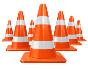  3D Set of Orange Traffic Cones with White Reflective Stripes, Isolated on Transparent Background PNG