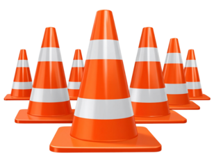  3D Set of Orange Traffic Cones with White Reflective Stripes, Isolated on Transparent Background PNG