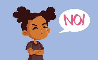 Stubborn Girl Saying No Vector Concept Illustration. Strong willed kid rejecting any negotiation tact 
