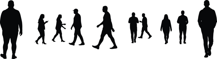 Group of people silhouettes walking and standing, urban lifestyle poses, diverse human figures, social interaction, modern city crowd illustration