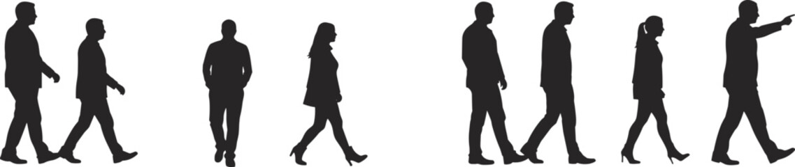 Group of people silhouettes walking in different directions, urban lifestyle poses, diverse human figures, social interaction, modern city crowd design