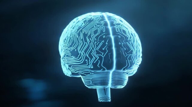 Artificial intelligence brain with circuit board texture glowing in blue light