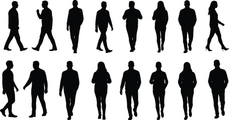Human silhouettes walking and standing, posture study figures, casual people design, motion sequence artwork, lifestyle vector, anatomy reference illustration