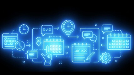 Blue neon financial dashboard workflow with planning, analytics and strategic management icons - Powered by Adobe