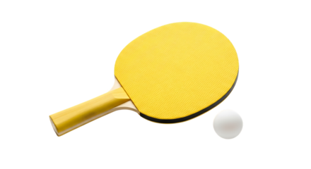 Yellow ping pong paddle and white ball, isolated on a white or transparent background, cutout, PNG