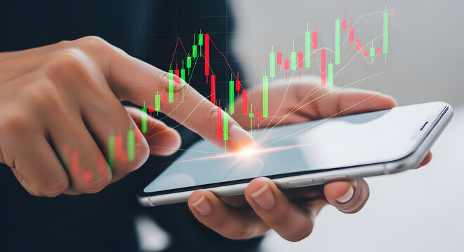 Mobile Trading App Stock Market Analysis Person Using Smartphone with Financial Charts Monitoring Investments Online Modern Digital Financial Technology Hand Holding Cellphone