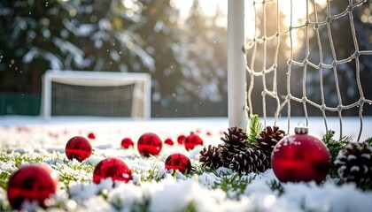 Red Christmas ornaments on snowy soccer field setting