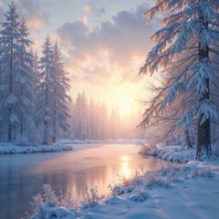 Winter river landscape photography soft pastel hues representing tranquility and seasonal beauty