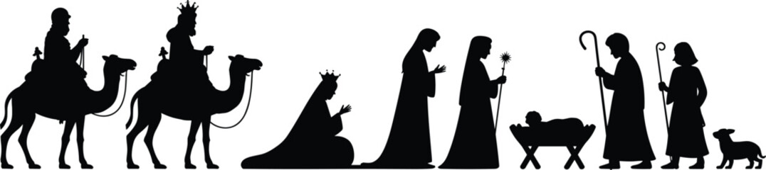 Nativity scene silhouette, Christmas religious illustration, Three Wise Men with camels, Mary Joseph and baby Jesus, shepherds manger artwork, holiday decoration