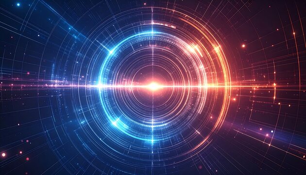 Abstract concentric circles glow with vibrant blue and orange light, forming a symmetrical, eye-catching, and futuristic design
