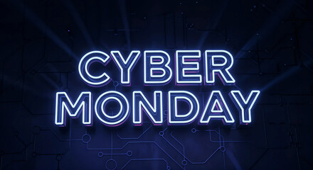 Cyber monday neon sign glowing in the dark, representing online shopping and digital sales events