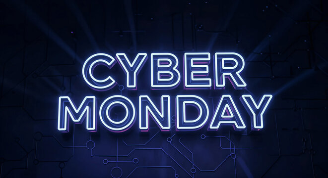 Cyber monday neon sign glowing in the dark, representing online shopping and digital sales events