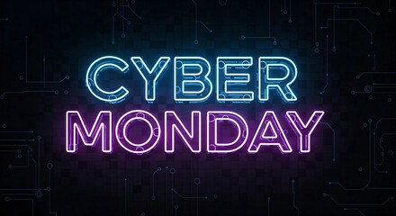 Cyber monday neon sign glowing in blue and purple on a dark, textured background, representing online shopping and digital sales
