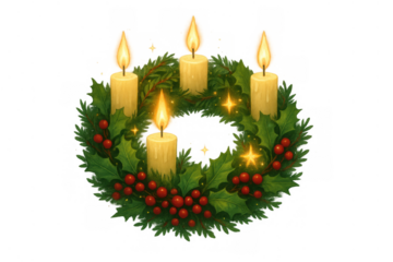 Advent wreath with four lighted candles, green holly, red berries, festive stars, symbolizing counting down to christmas. Transparent background
