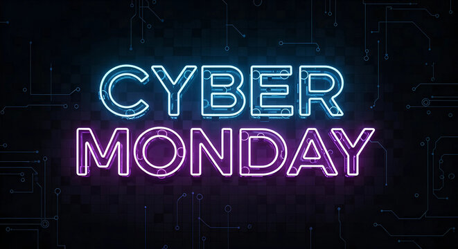 Cyber monday neon sign glowing in blue and purple on a dark, textured background, representing online shopping and digital sales
