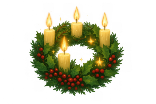 Advent wreath with four lighted candles, green holly, red berries, festive stars, symbolizing counting down to christmas. Transparent background