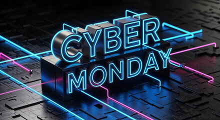 Cyber monday neon sign glowing on a dark, futuristic circuit board background with blue and pink lights