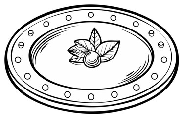 Oval serving platter with decorative leaves and sphere, simple monochrome illustration