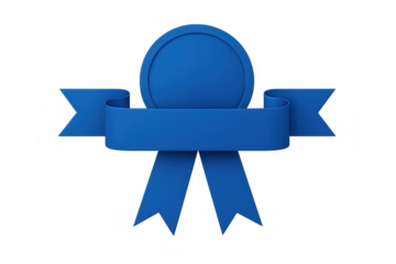 Blue award ribbon with round badge symbol for winner achievement, quality recognition, and championship success