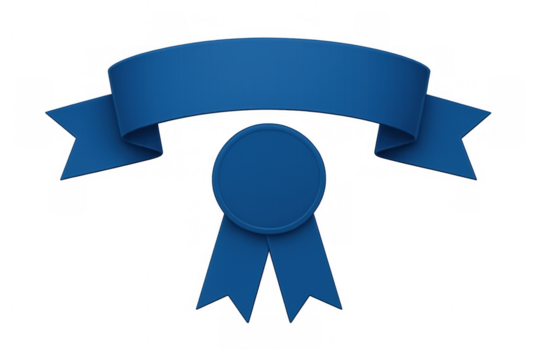 Blank blue ribbon banner and badge depicting award, excellence, success, winner, certificate or achievement concept