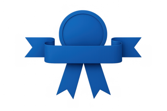 Blue award ribbon with round badge symbol for winner achievement, quality recognition, and championship success