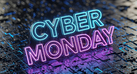 Cyber monday neon sign glowing on a dark futuristic circuit board background, representing online shopping and digital sales