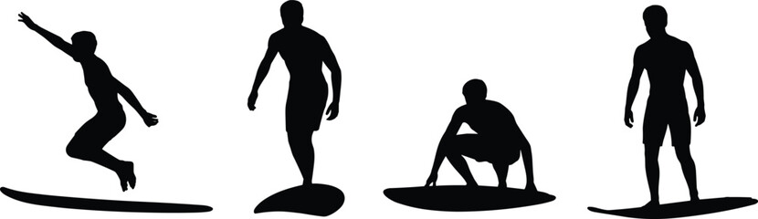 Surfing, silhouette, surfers, sport, ocean, wave, water, activity, lifestyle, adventure, athlete, board, motion, posture, design, illustration, art, concept, recreation, sea, reference