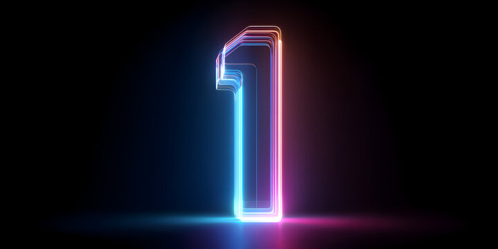 A luminous neon number one, outlined in bright blue and accented with pink hues, stands out against a deep black backdrop with subtle reflections on the floor - Powered by Adobe