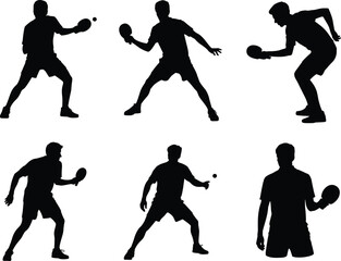Table tennis silhouettes, ping pong players, sports action poses, competitive game illustration, athlete training, paddle serve, dynamic movement, fitness, recreation, competition, match