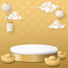 3D blank golden podium display have paper lanterns, clouds and ancient money Chinese style with gold square background.