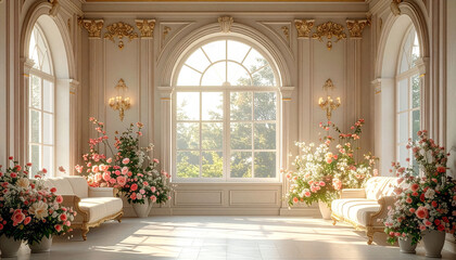 Elegant ballroom with arched windows and abundant floral decor