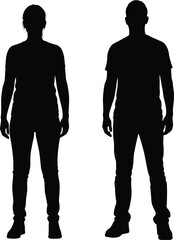 Two human silhouettes standing side by side, casual clothing figures, posture study, body shape comparison, character design, anatomy reference illustration