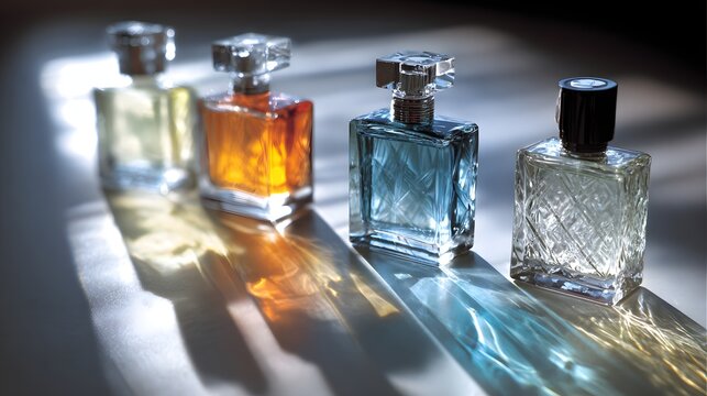 Row of elegant glass fragrance bottles display vibrant liquid colors and dramatic light refractions