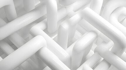 Abstract network of white pipes, a complex interconnected system of tubes forming a dense, almost chaotic structure, suggesting complexity and connectivity