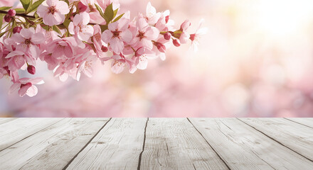  Tranquil Springtime Cherry Blossom Branch Over Wooden Table with Soft Pastel Pink Bokeh Background and Sunlight